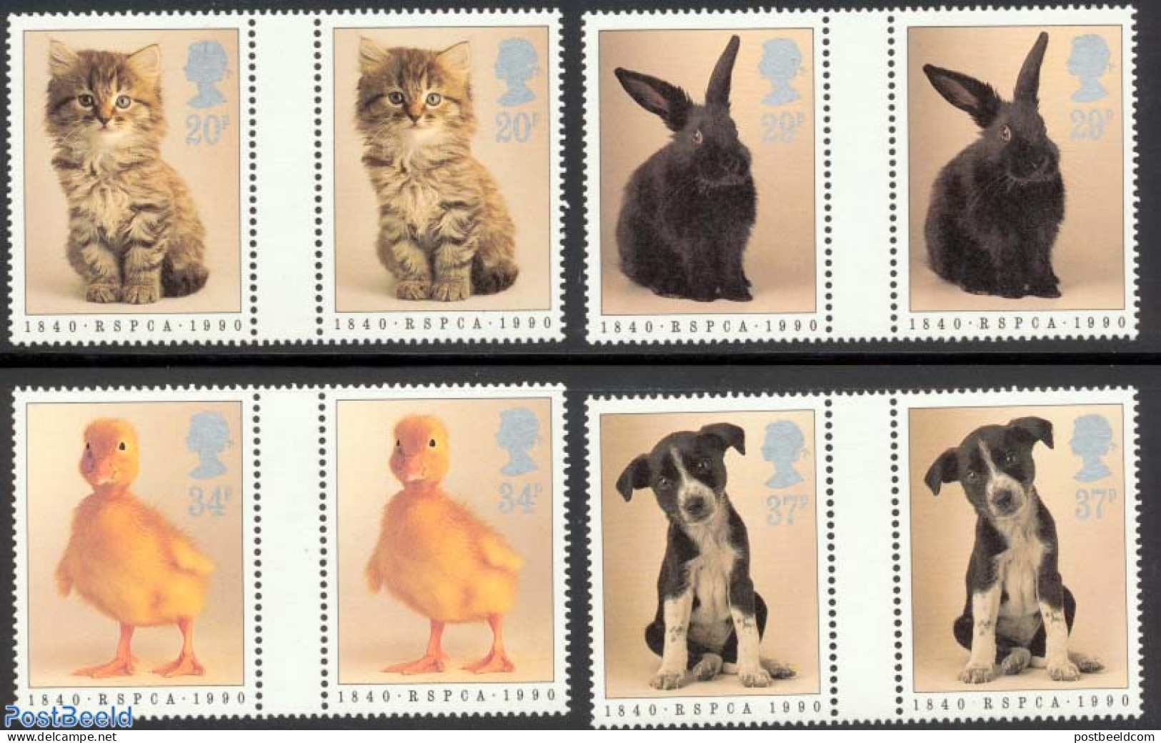 Great Britain 1990 Young Animals 4v, Gutterpairs, Mint NH, Nature - Animals (others & Mixed) - Birds - Cats - Dogs - R.. - Unused Stamps