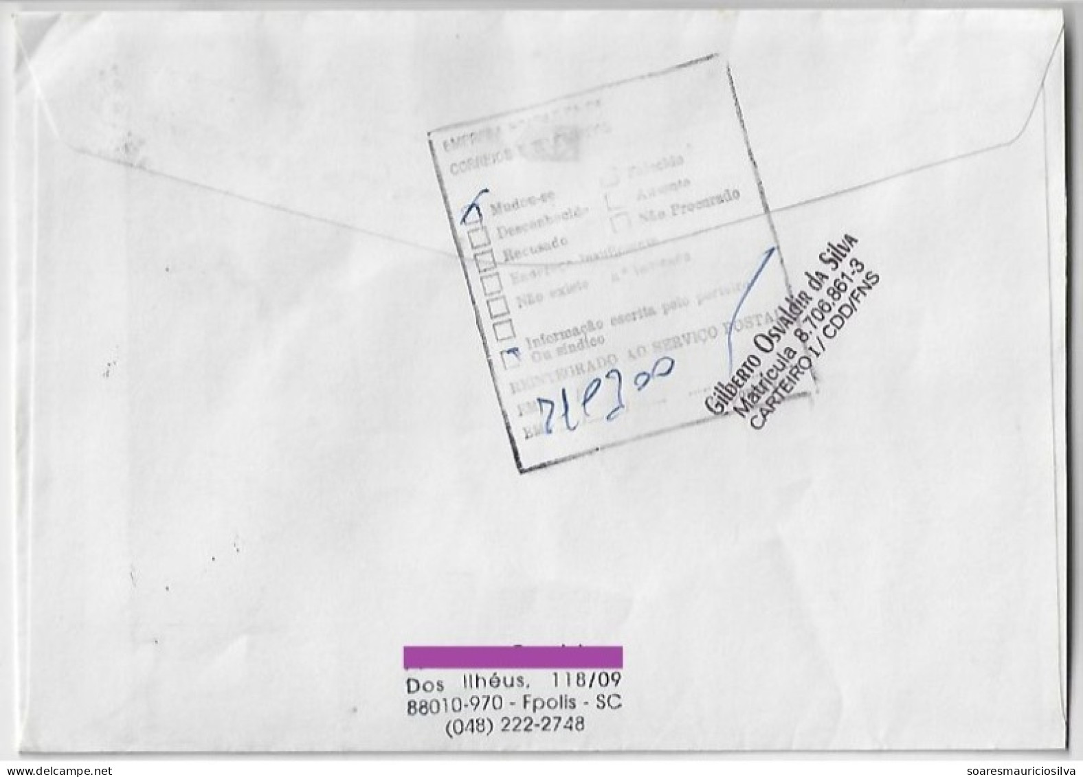 Brazil 2000 Returned To Sender Cover Shipped In Florianópolis Central Agency Stam Urban Bird Blue-black Grassquit - Lettres & Documents