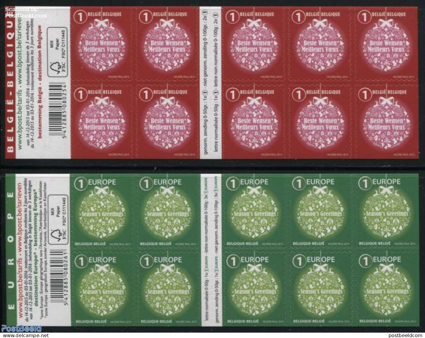 Belgium 2015 Christmas 2 Booklets, Mint NH, Religion - Christmas - Stamp Booklets - Nuevos