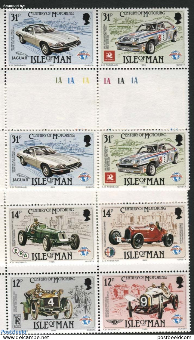 Isle Of Man 1985 Automobile Centenary 3x2v [:], Gutter Pairs, Mint NH, Sport - Transport - Autosports - Automobiles - Coches