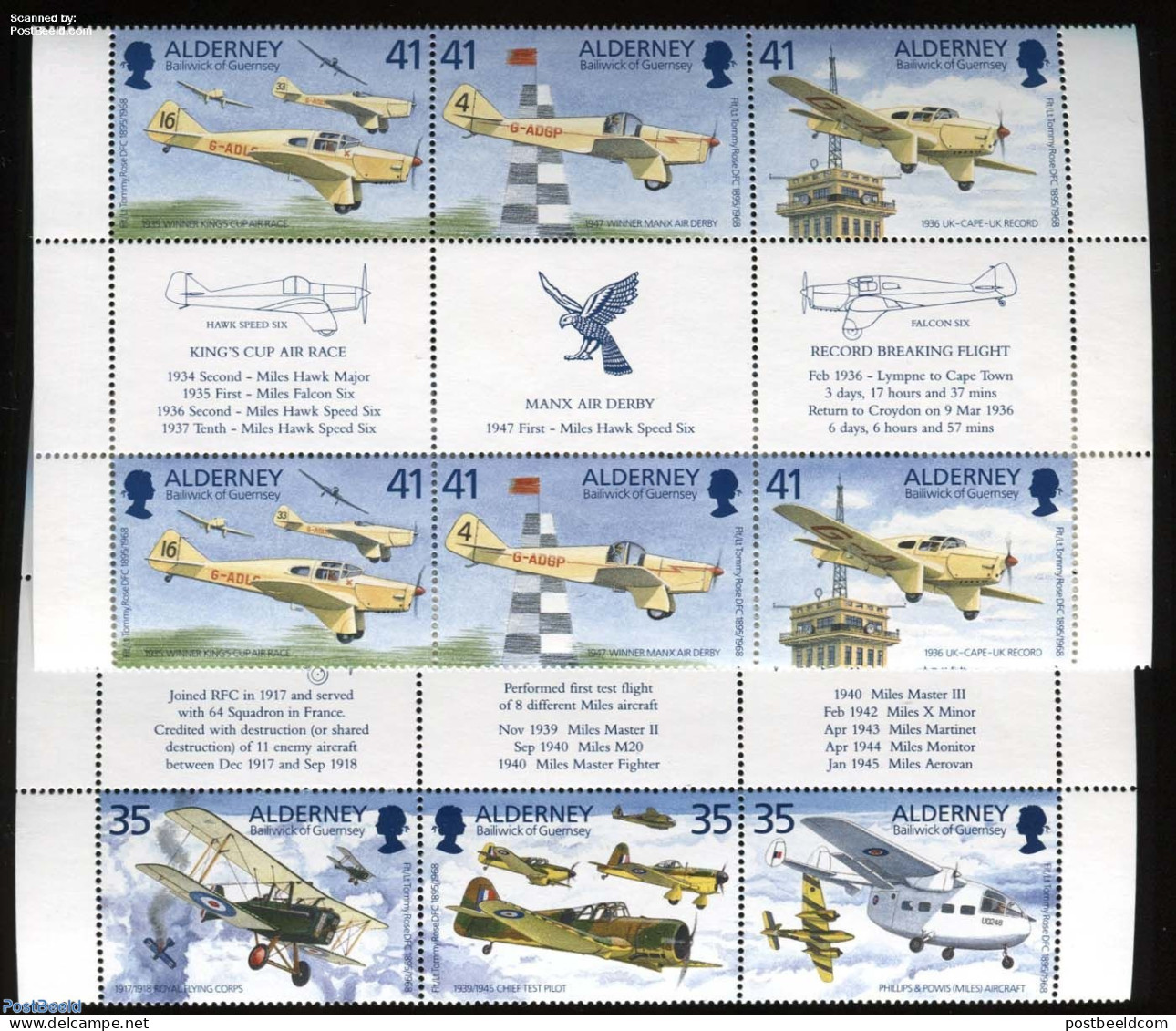 Alderney 1995 Tommy Rose 2x3v[::], Gutter Pairs, Mint NH, Transport - Aircraft & Aviation - Airplanes