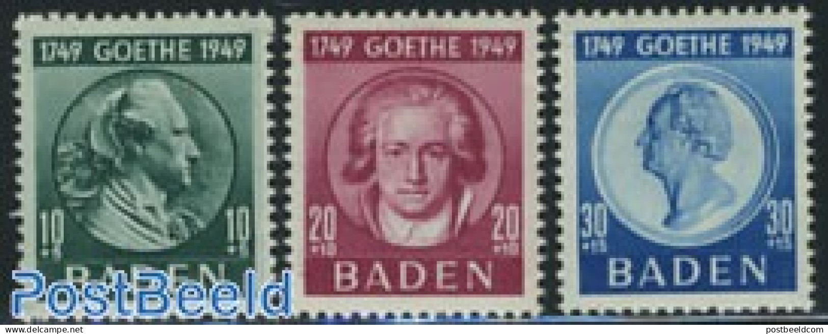 Germany, French Zone 1949 Baden, Goethe 3v, Unused (hinged), Art - Authors - Escritores