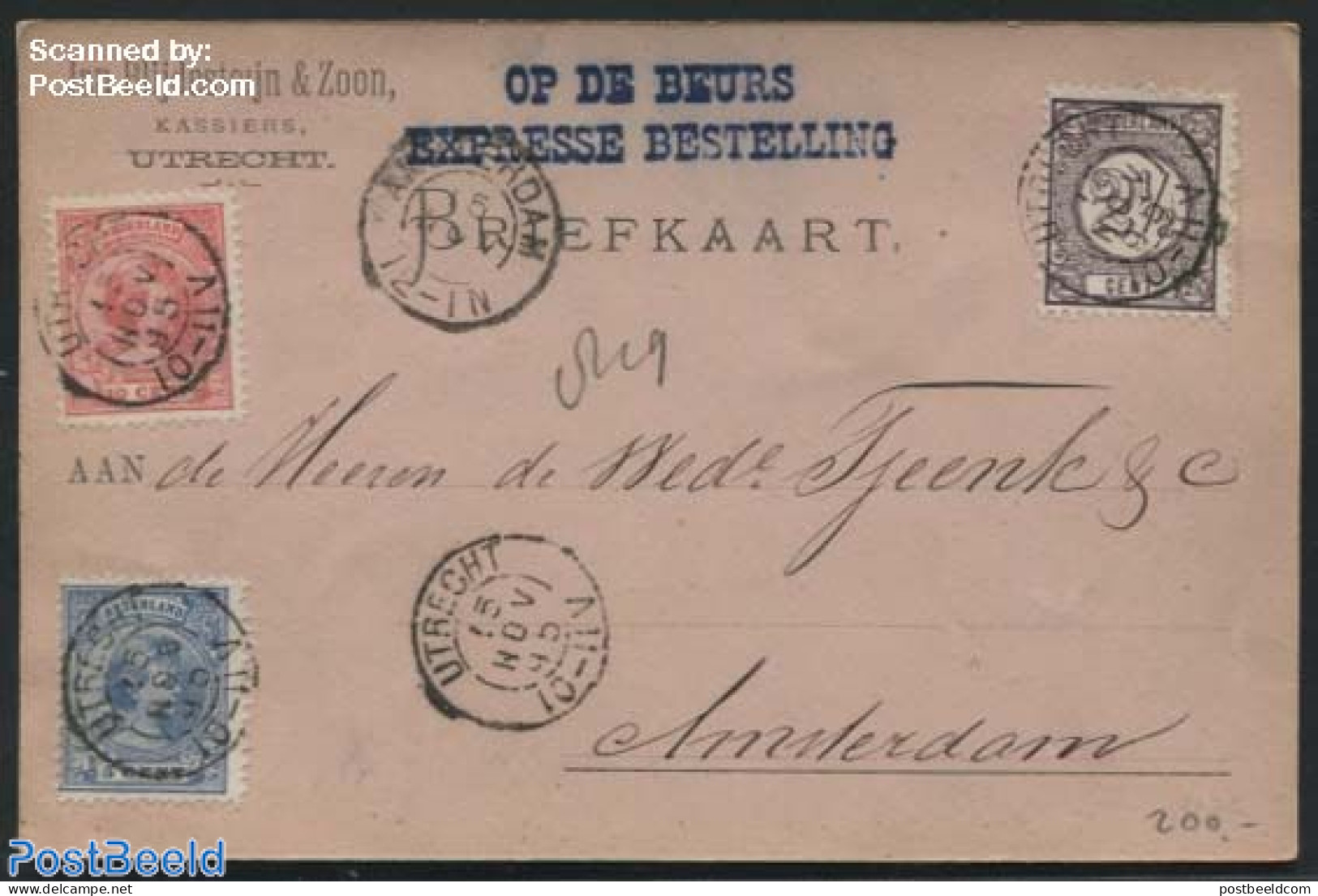 Netherlands 1895 OP DE BEURS EXPRESSE BESTELLING, From Utrecht To Amsterdam JAN BLIJDESTEIJN & ZOON, Postal History, V.. - Lettres & Documents