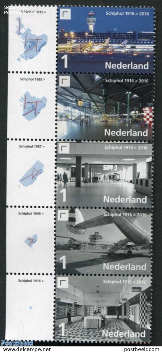 Netherlands 2016 100 Years Schiphol Airport 5v+tabs Left, Mint NH, Transport - Aircraft & Aviation - Nuevos