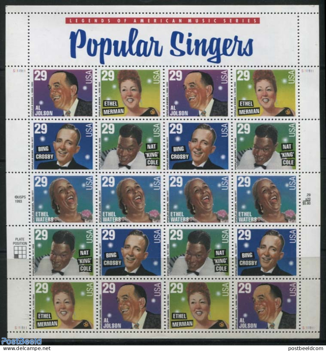 United States Of America 1994 Popular Singers M/s, Mint NH, Performance Art - Music - Popular Music - Unused Stamps