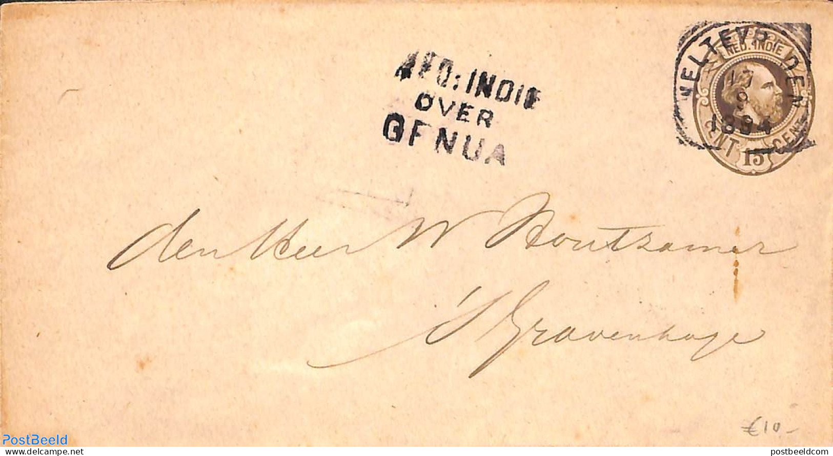 Netherlands Indies 1894 Envelope 15c From WELTEVREDEN Via GENUA To 's-Gravenhage, Used Postal Stationary - Andere & Zonder Classificatie