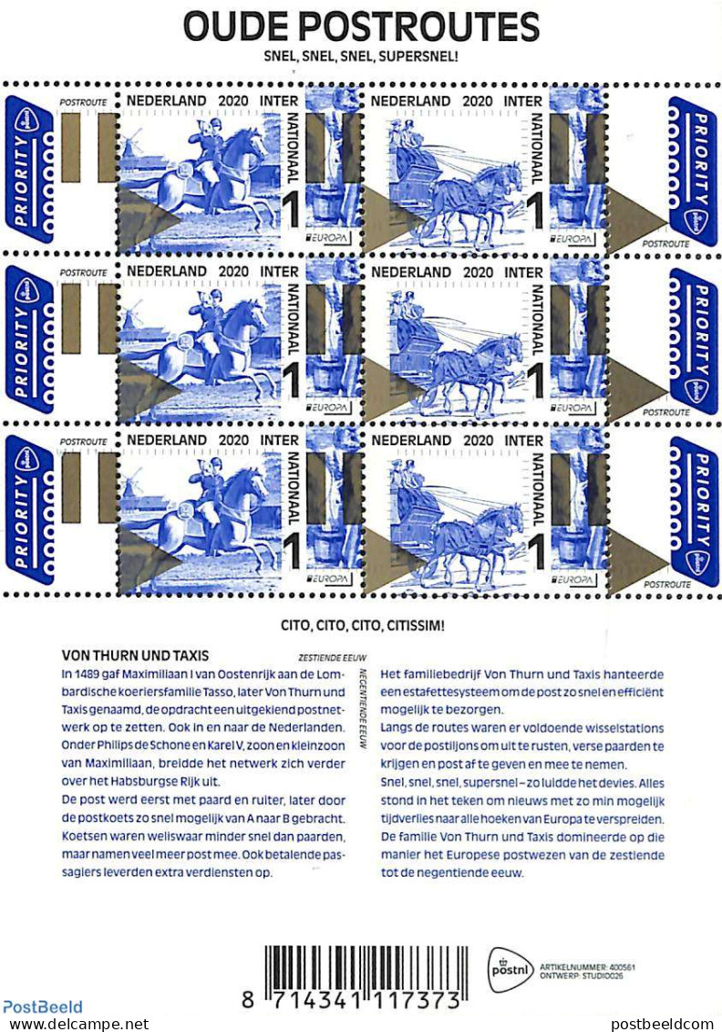 Netherlands 2020 Europa, Old Postal Roads M/s, Mint NH, History - Nature - Various - Europa (cept) - Horses - Post - M.. - Ongebruikt