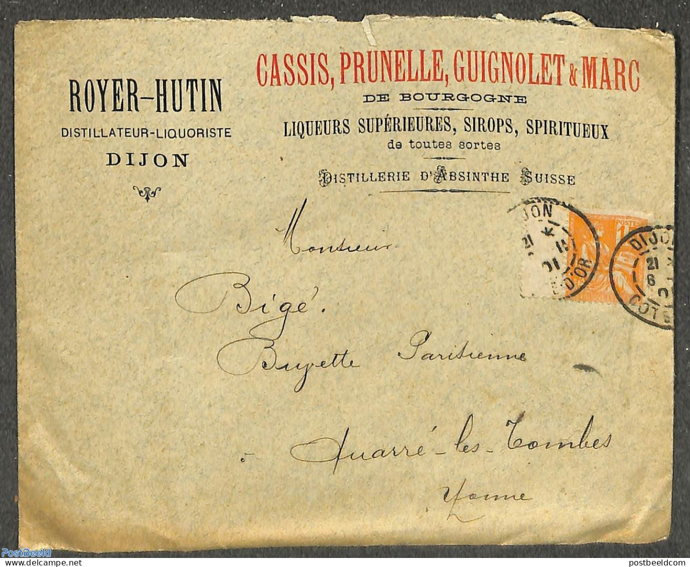 France 1901 Business Mail From Royer-Hutin, Postal History, Nature - Wine & Winery - Covers & Documents