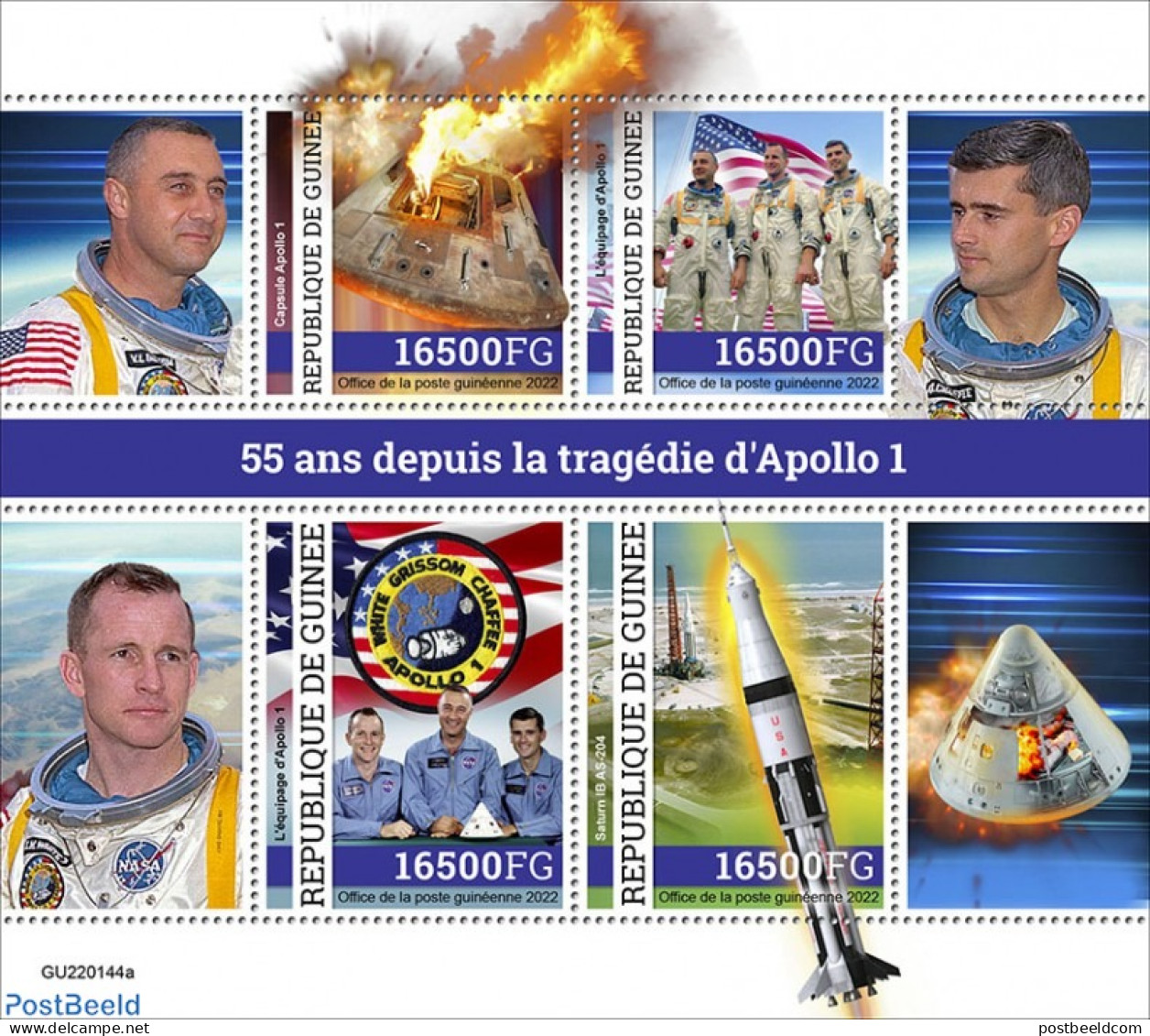 Guinea, Republic 2022 55 Years After The Apollo 1 Tragedy, Mint NH, Transport - Space Exploration - Autres & Non Classés