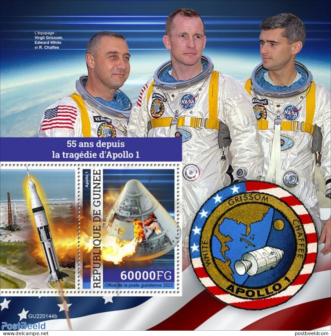 Guinea, Republic 2022 55 Years After The Apollo 1 Tragedy, Mint NH, Transport - Space Exploration - Sonstige & Ohne Zuordnung