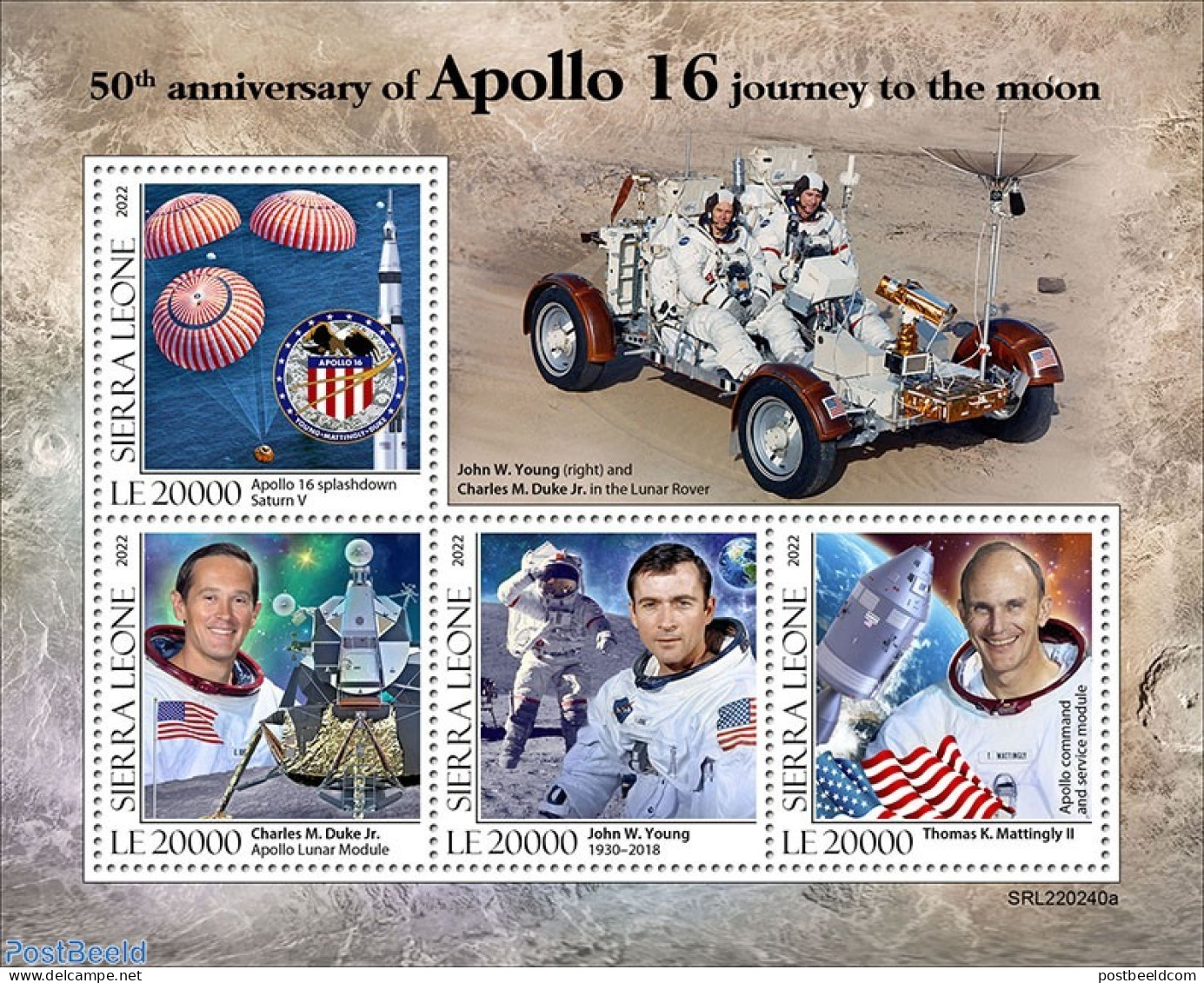 Sierra Leone 2022 50th Anniversary Of Apollo 16 Journey To The Moon, Mint NH, Transport - Space Exploration - Altri & Non Classificati