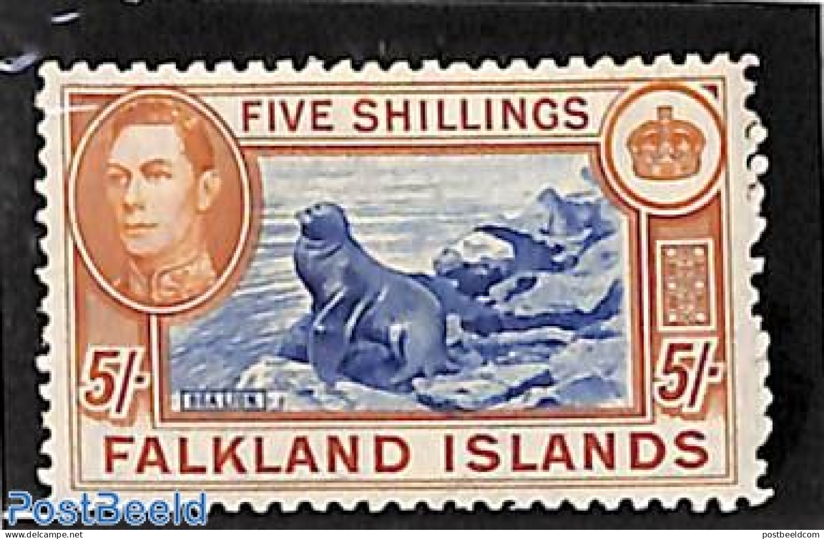 Falkland Islands 1938 5sh, Stamp Out Of Set, Unused (hinged), Nature - Sea Mammals - Other & Unclassified