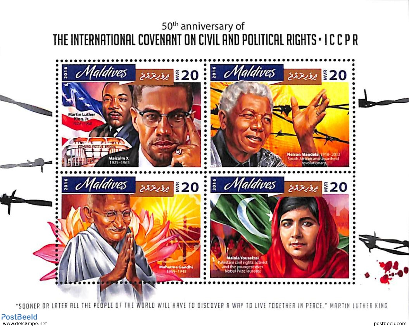 Maldives 2016 The Int. Covenant On Civil And Political Rights 4v M/s, Mint NH, History - Various - Gandhi - Justice - .. - Mahatma Gandhi