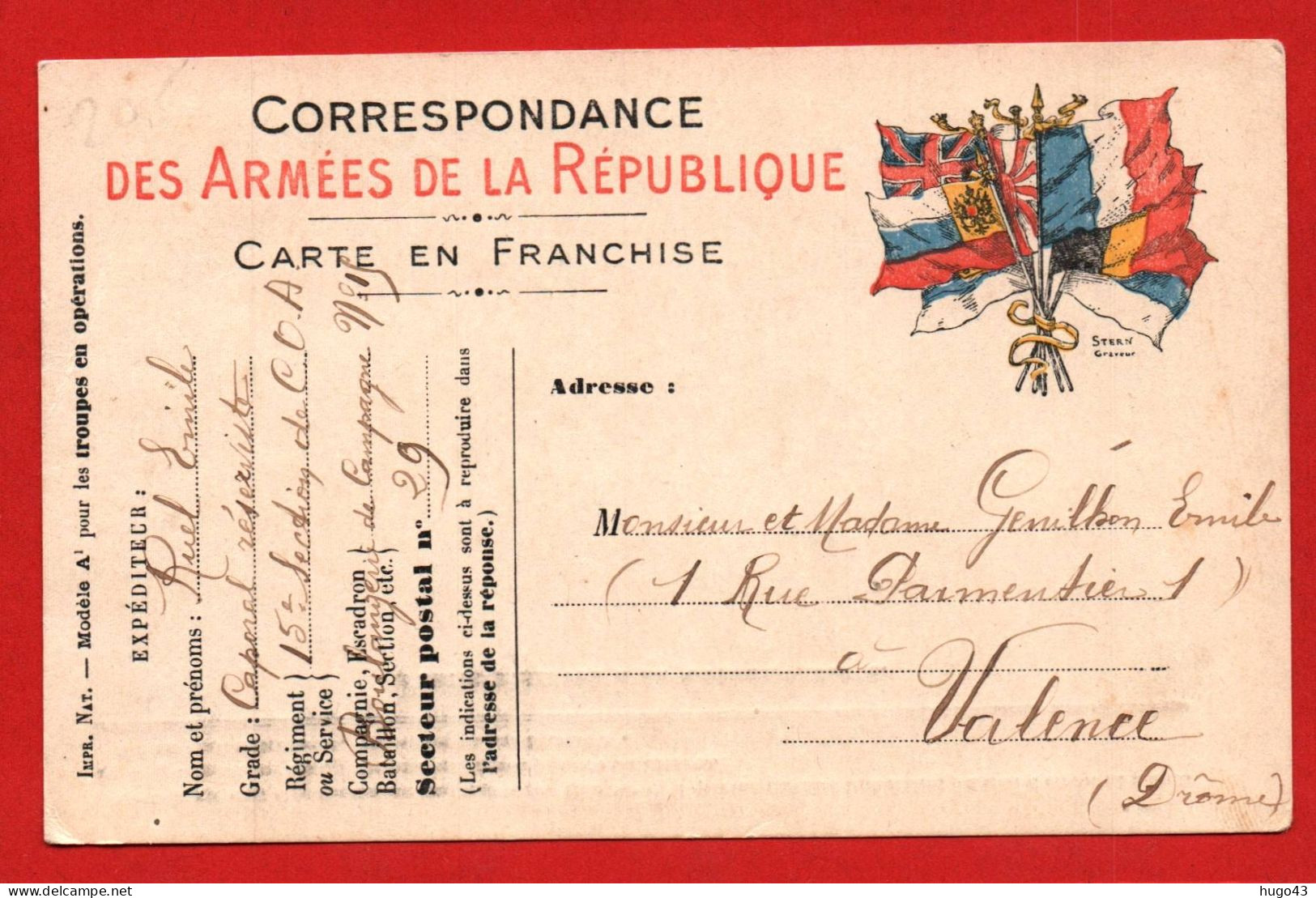 (RECTO / VERSO) CORRESPONDANCE DES ARMEES DE LA REPUBLIQUE - SECTEUR POSTAL 29 - LE 15/06/1915 - Covers & Documents