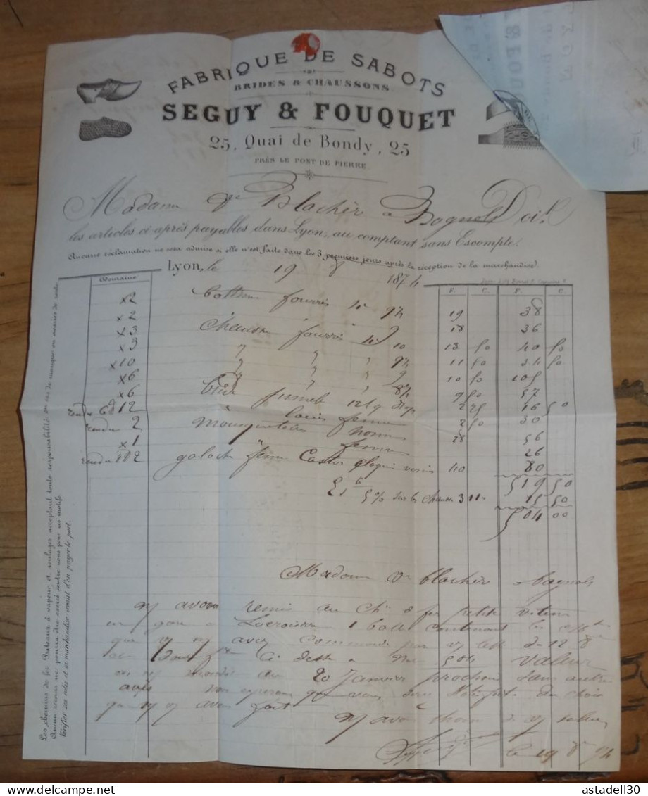 Facture + Lettre Change, Fabrique Sabots, SEGUY & FOUQUET A LYON - 1874  ............ E3-4 - 1800 – 1899