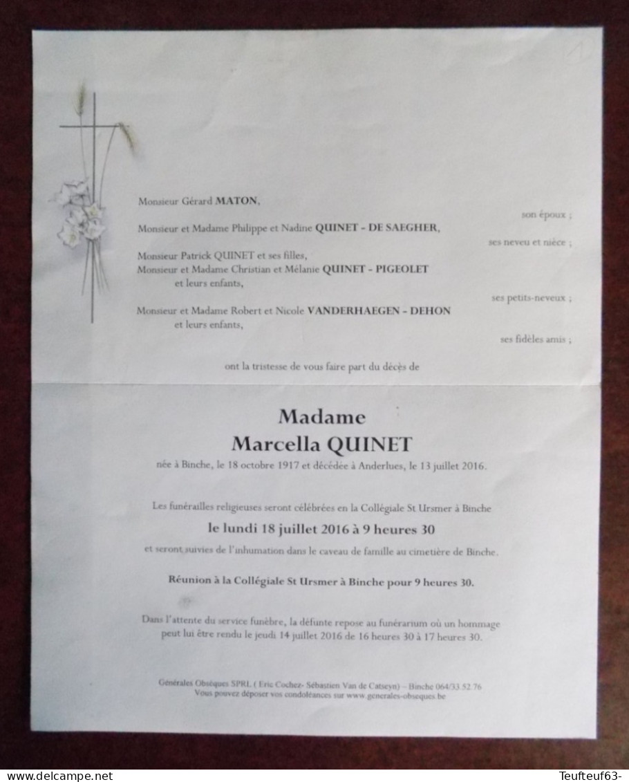 Faire Part Décès / Mme Marcella Quinet Née Binche 1917 Décédée à Anderlues 2016 - Obituary Notices