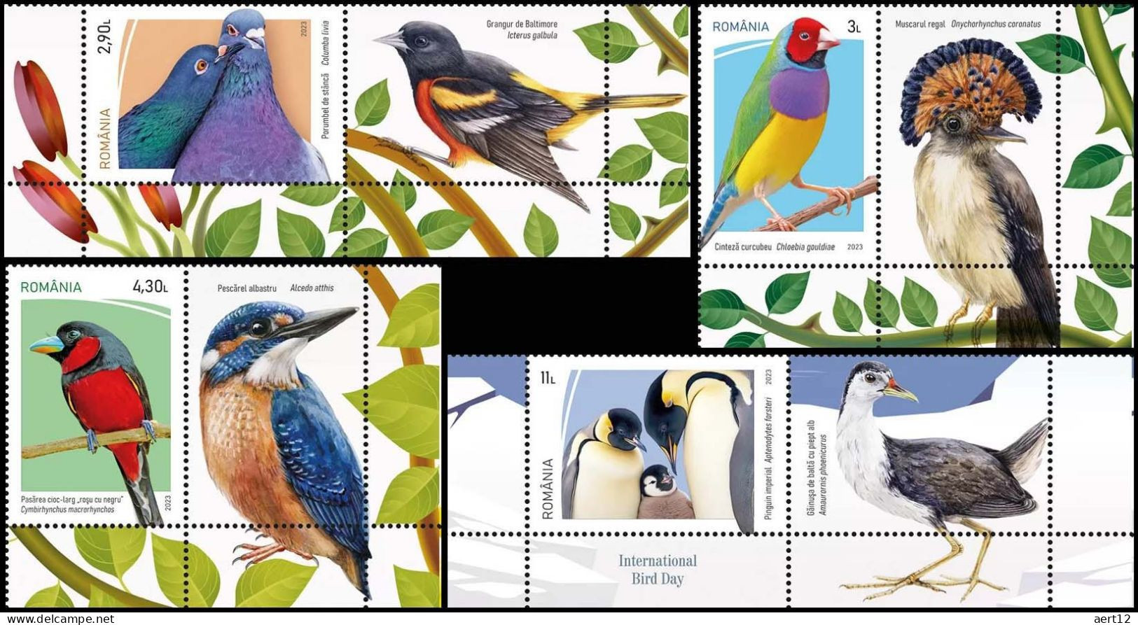 2023, Romania, International Bird Day, Animals (Fauna), Birds, Penguins, Pigeons, 4 Stamps+Label, MNH(**), LPMP 2412 - Ongebruikt