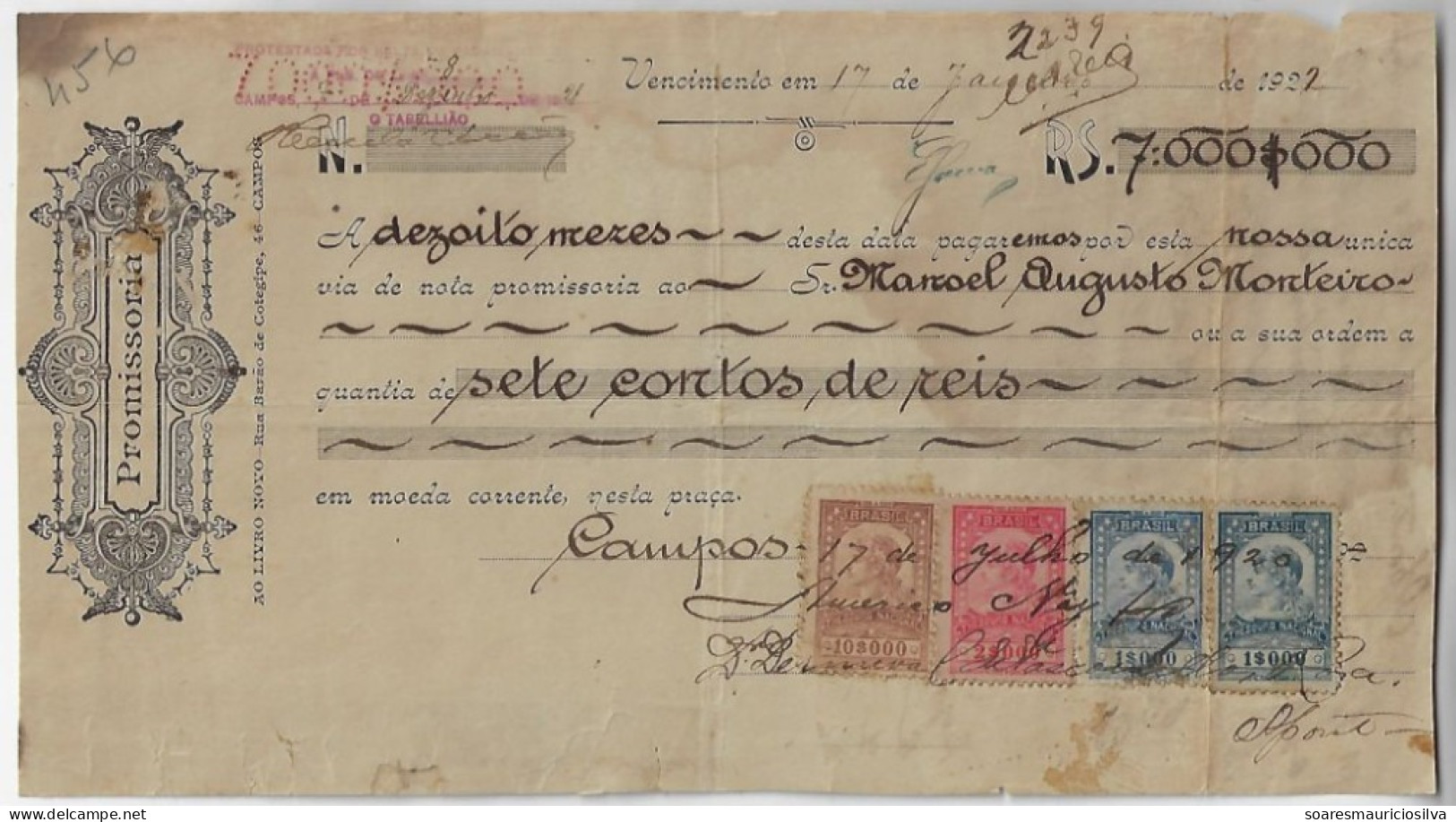 Brazil 1920 Promissory Note Issued Campos National Treasury +State Of Rio De Janeiro Tax Stamp Protest Cancel Perforated - Lettres & Documents