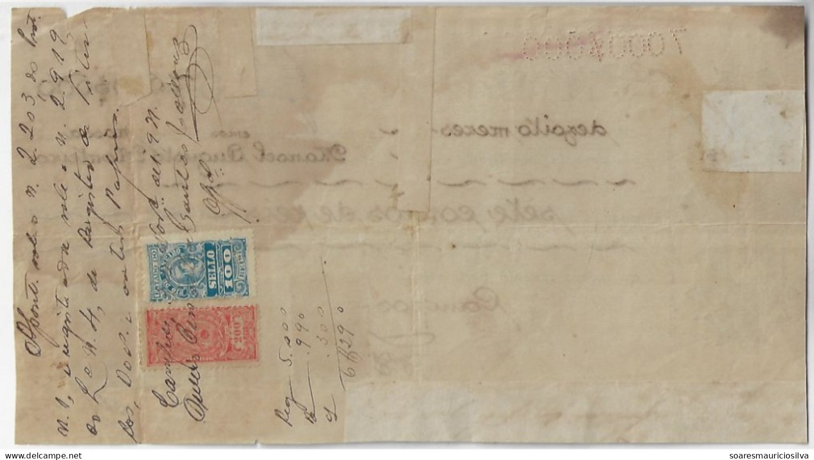 Brazil 1920 Promissory Note Issued Campos National Treasury +State Of Rio De Janeiro Tax Stamp Protest Cancel Perforated - Covers & Documents