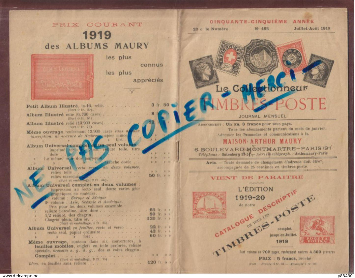 Catalogue MAISON MAURY De Juillet/août 1919 -- LE COLLECTIONNEUR DE TIMBRES-POSTE - N° 455 - 20 Vues - Catalogues For Auction Houses