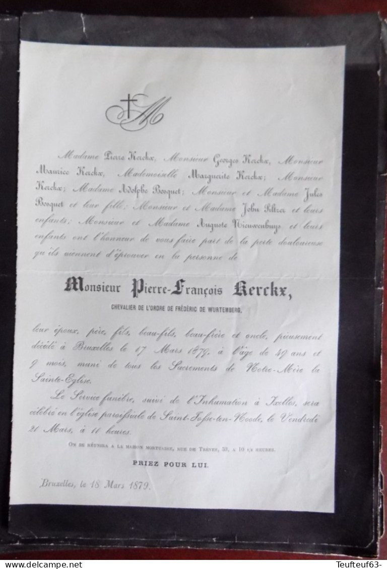 Faire Part Décès / Mr. Pierre Kerckx Chevalier Ordre Frédéric De Wurtemberg Décédé à Bruxelles 1879 - Overlijden