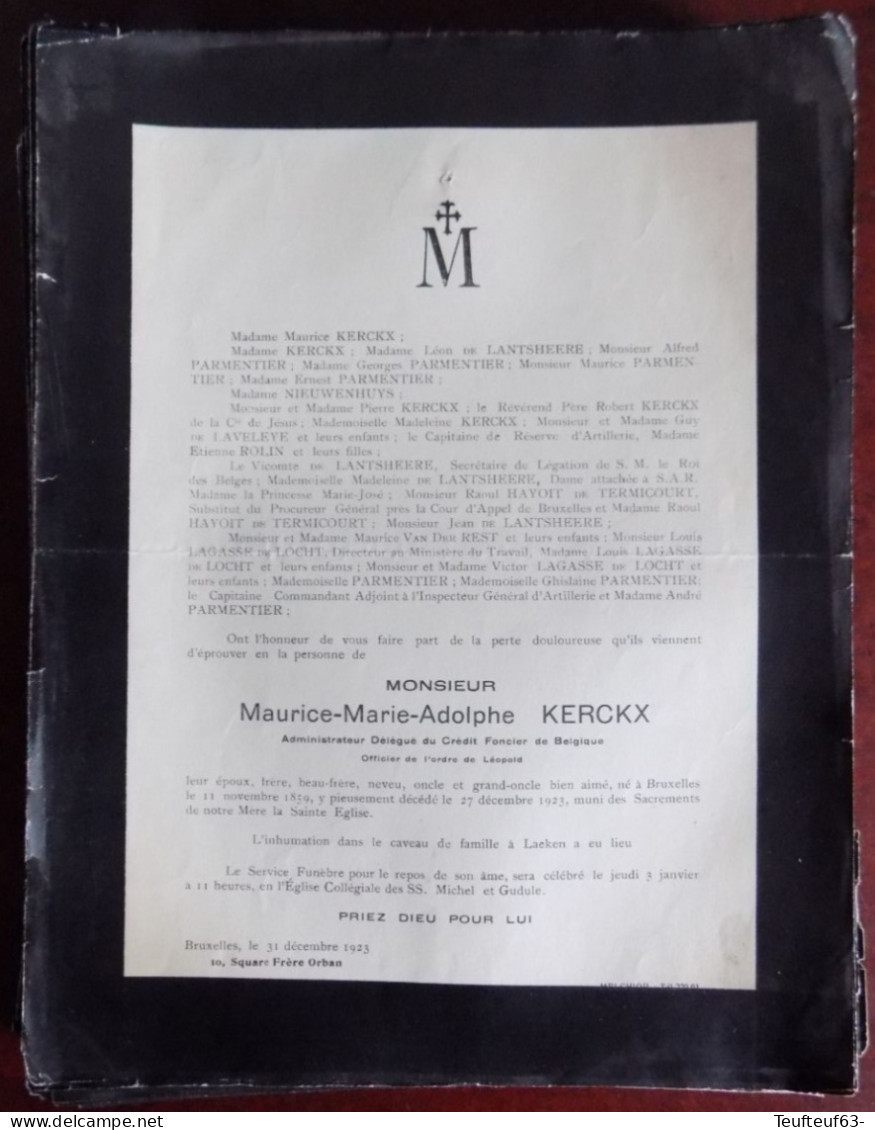 Faire Part Décès / Mr. Maurice Kerckx Officier Ordre Léopold Né Bruxelles 1859 Décédé 1923 - Décès