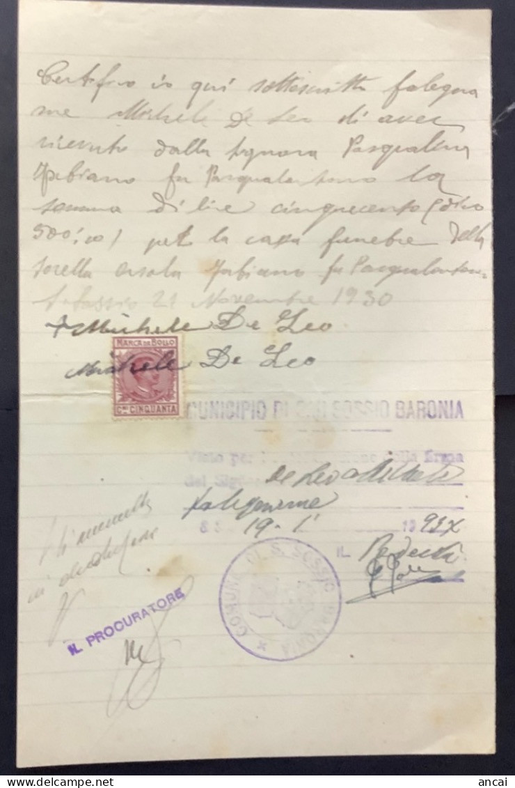 Italy. S. Sossio Baronia. 1930. Quietanza Di Pagamento, Con Marca Da Bollo A Tassa Fissa Di C.50 + Bollo COMUNE - Historical Documents