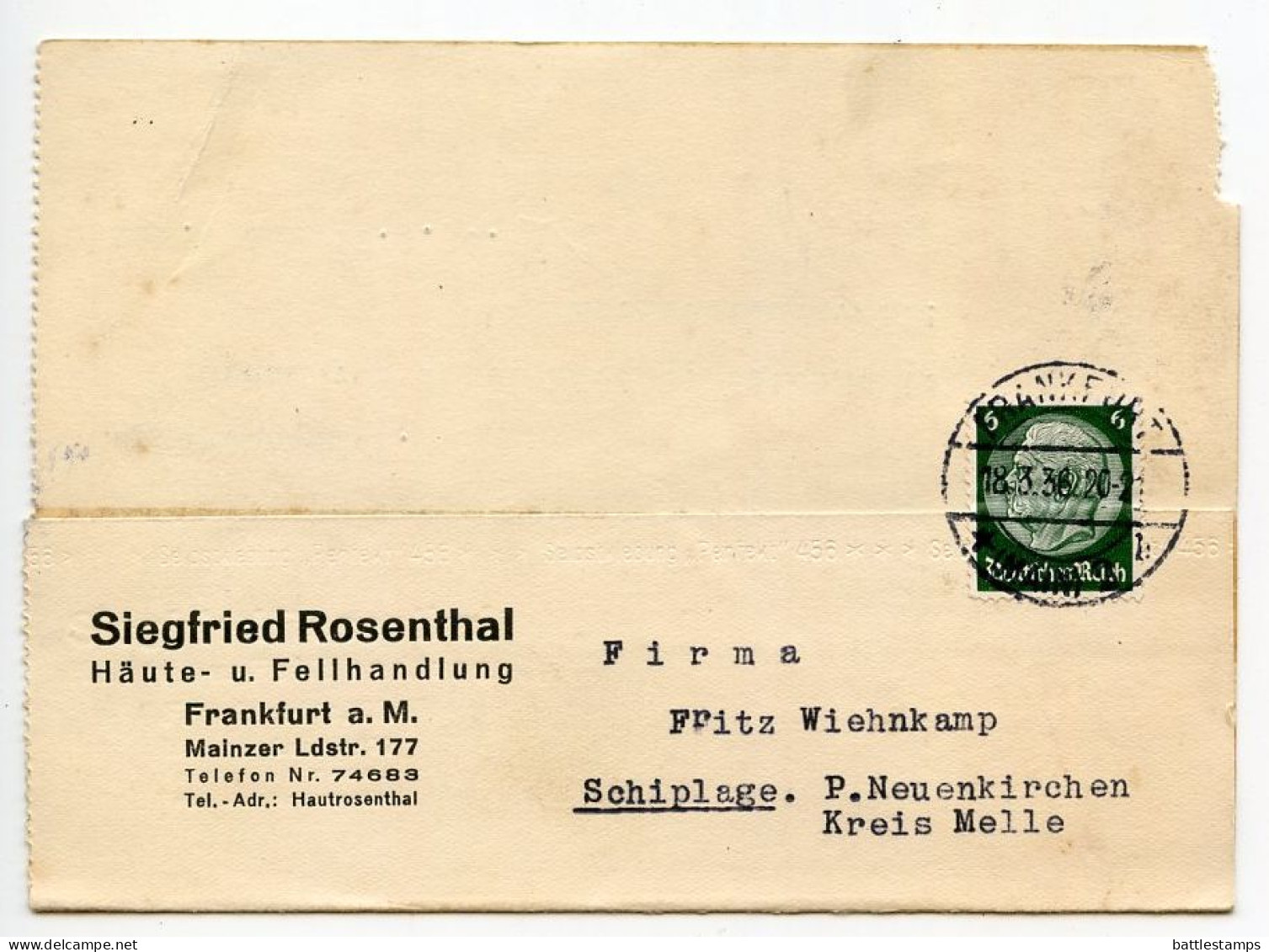 Germany 1936 Postcard; Frankfurt (Main) - Siegfried Rosenthal, Häute- U. Fellhandlung To Schiplage; 6pf. Hindenburg - Covers & Documents