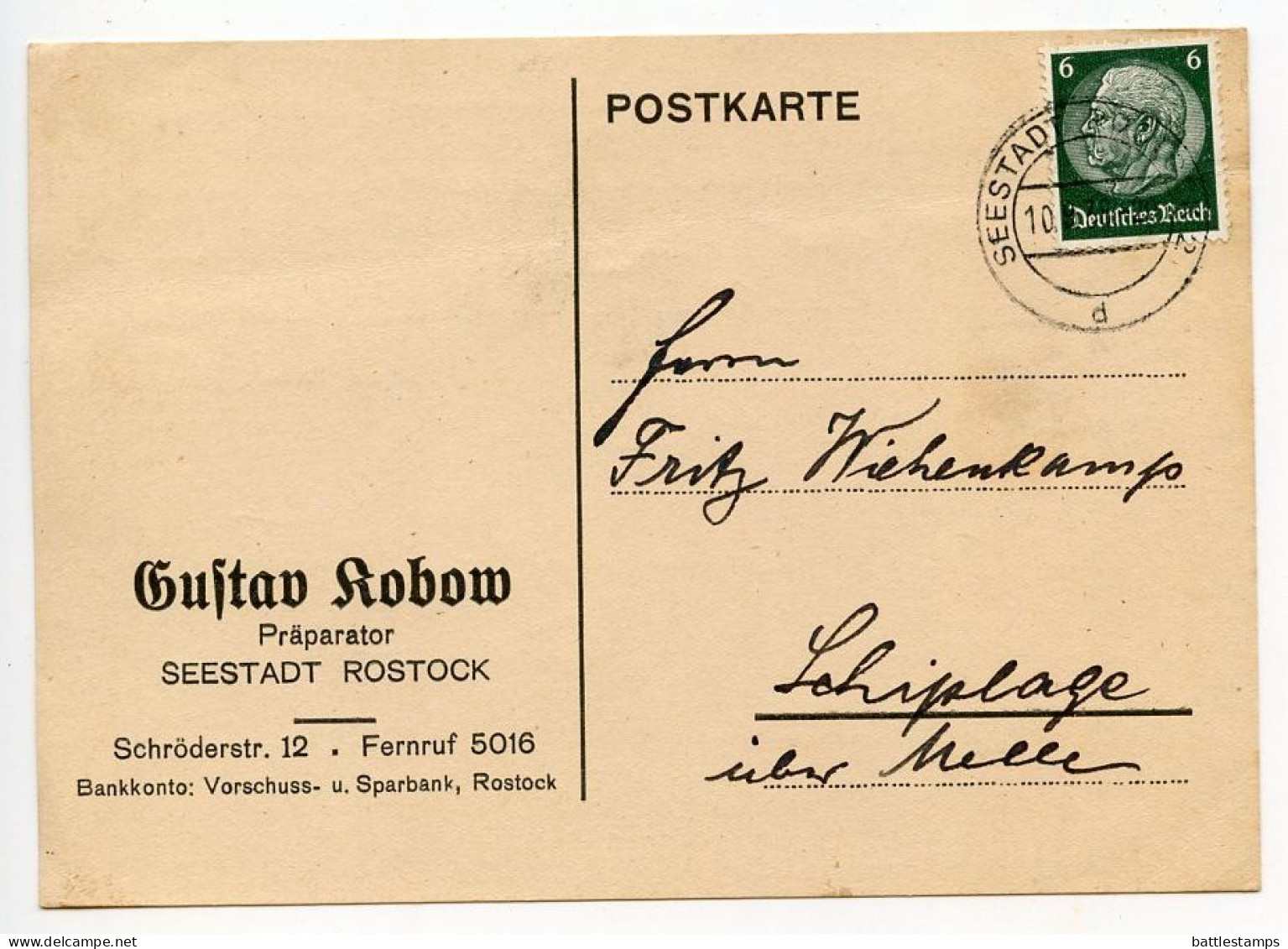 Germany 1938 Postcard; Seestadt Rostock - Gustav Robow, Präparator (Taxidermist) To Schiplage; 6pf. Hindenburg - Briefe U. Dokumente