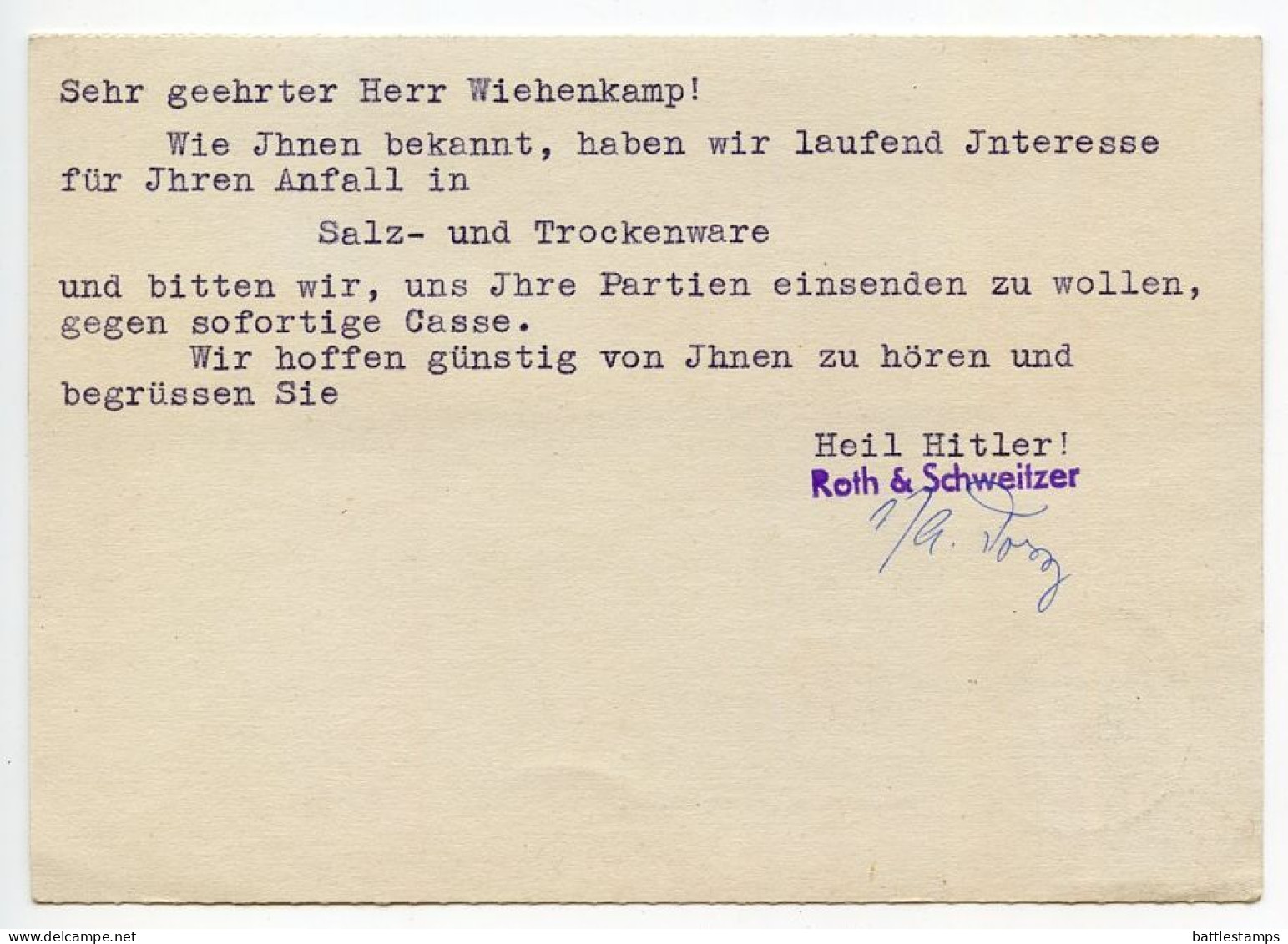 Germany 1939 Postcard; Kassel - Roth & Schweitzer, Häute-Grosshandlung To Schiplage; 6pf. Hindenburg; Slogan Cancel - Lettres & Documents