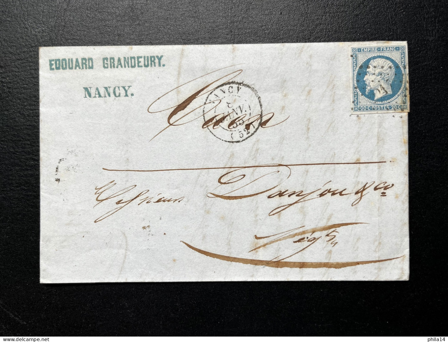 N°14 20c BLEU NAPOLEON SUR LETTRE / NANCY POUR CAEN / 8 JANV 1855 / LAC - 1849-1876: Classic Period