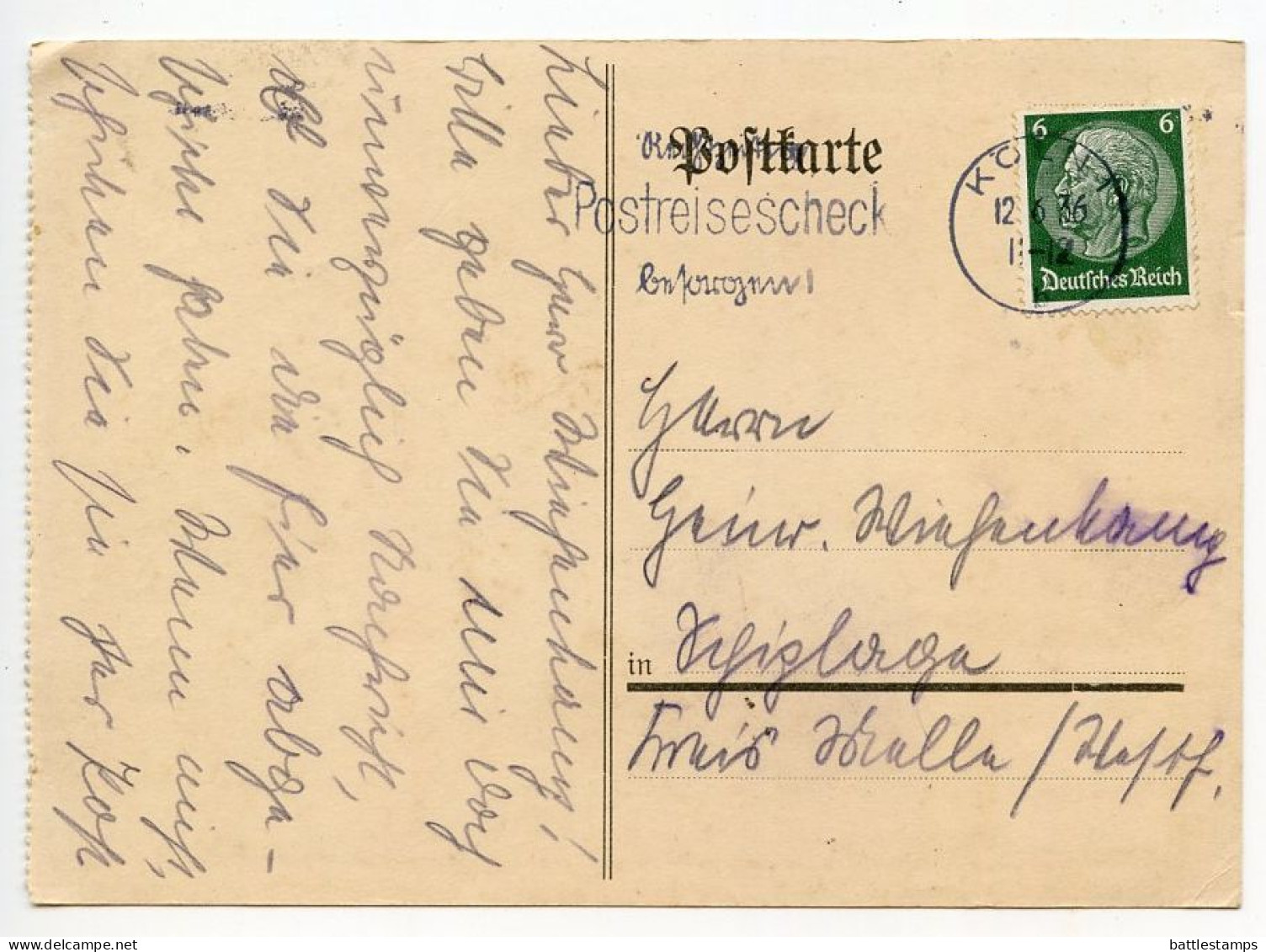 Germany 1936 Postcard; Köln (Cologne) To Schiplage; 6pf. Hindenburg; Postreisescheck Slogan Cancel - Lettres & Documents