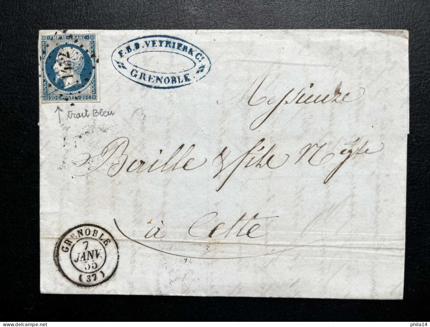 N°14 20c BLEU NAPOLEON SUR LETTRE / GRENOBLE POUR CETTE / 7 JANV 1855 / LSC - 1849-1876: Période Classique