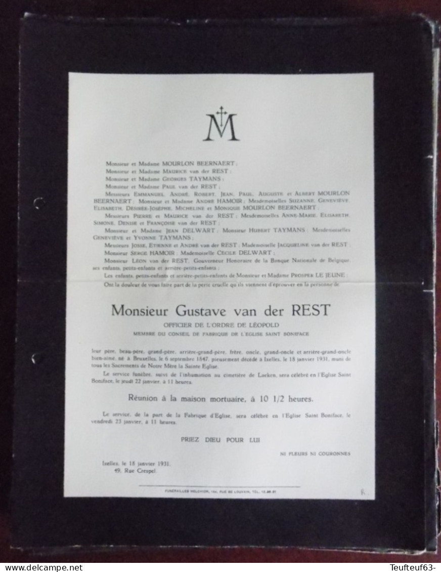 Faire Part Décès / Mr. Gustave Van Der Rest Né à Bruxelles En 1847 Et Décédé à Ixelles En 1931 - Obituary Notices