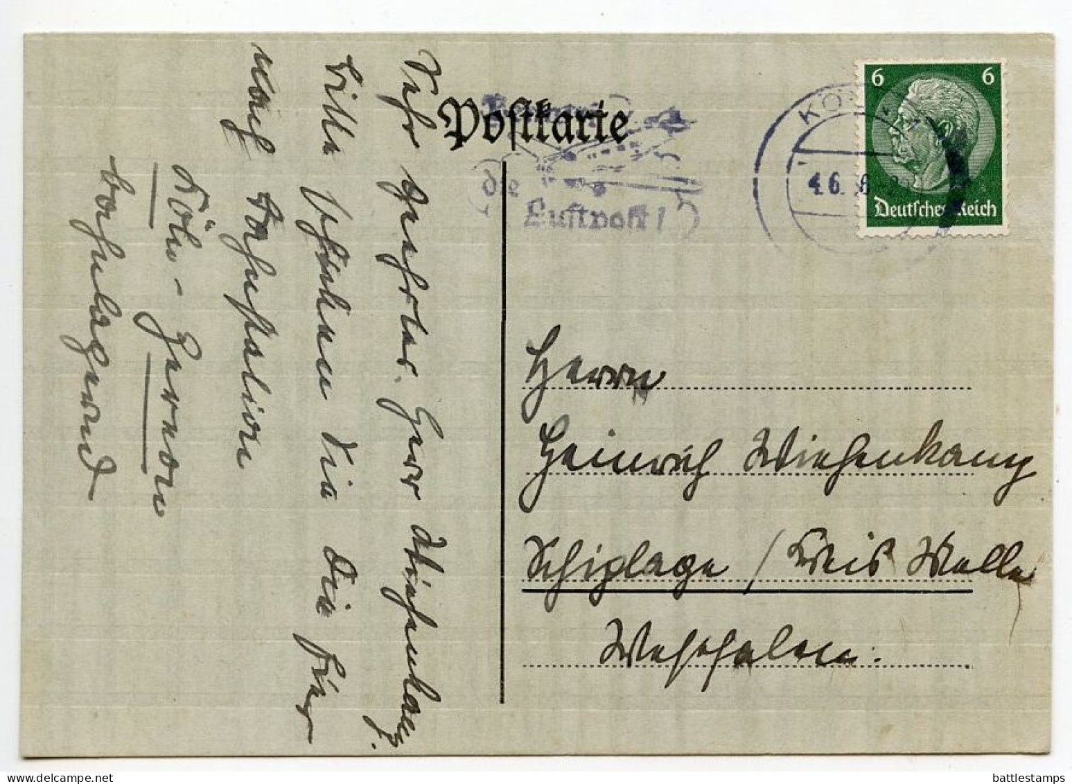 Germany 1936 Postcard; Köln (Cologne) To Schiplage; 6pf. Hindenburg; Luftpost Slogan Cancel - Lettres & Documents