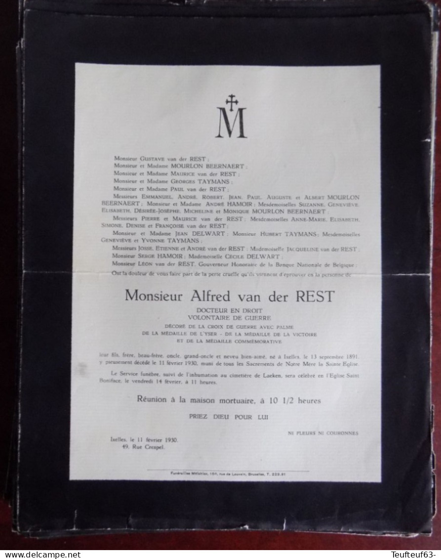 Faire Part Décès / Mr. Alfred Van Der Rest Né à Ixelles En 1891 Et Y Décédé En 1930 - Overlijden