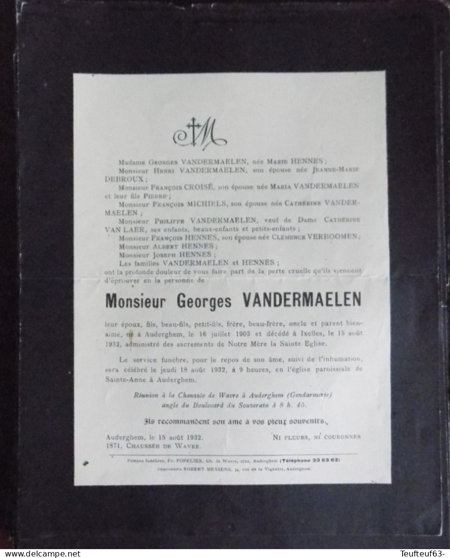 Faire Part Décès / Mr. Georges Vandermaelen Né à Auderghem En 1903 Et Décédé à Ixelles En 1932 - Décès