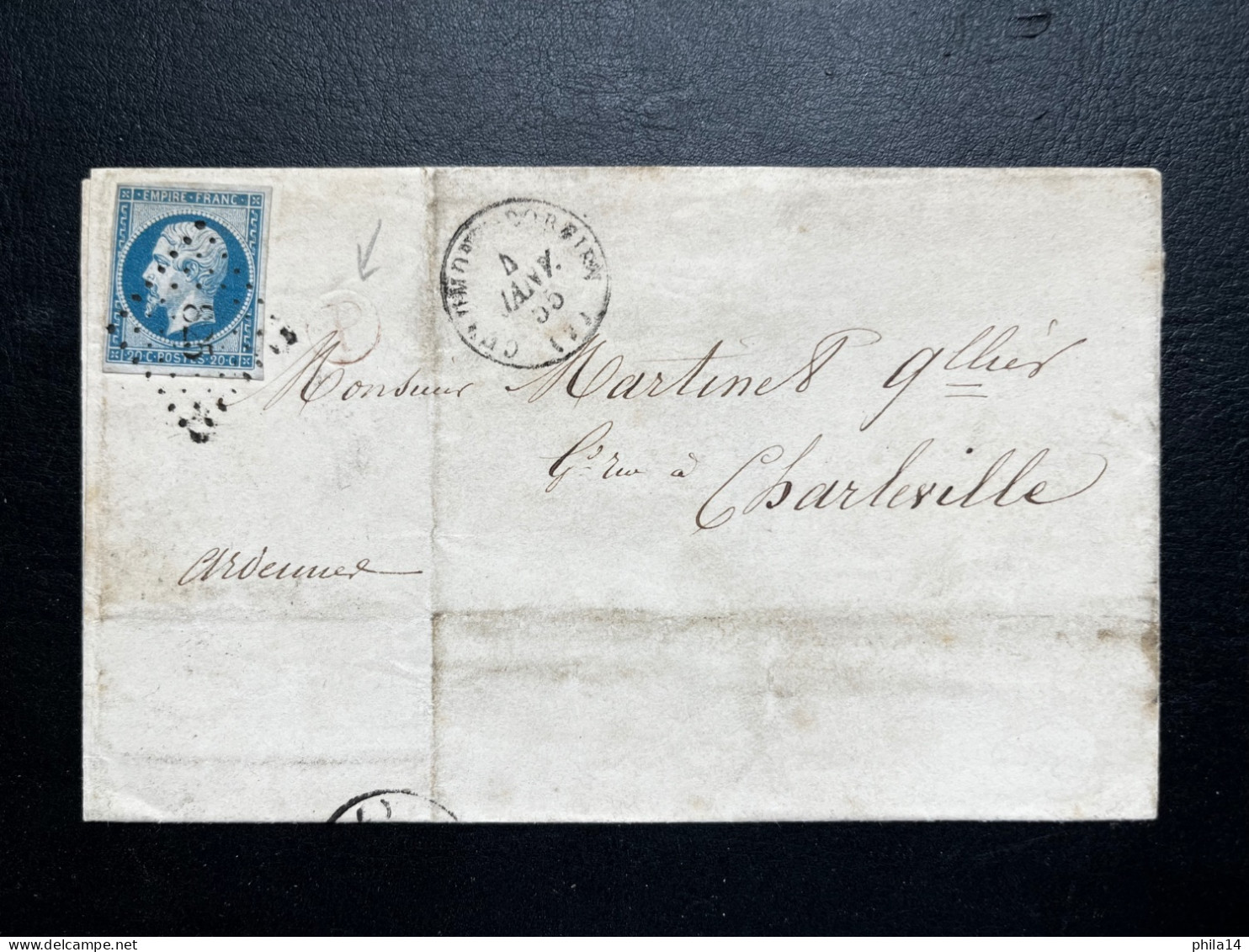 N°14 20c BLEU NAPOLEON SUR LETTRE / CHAUMONT PORCIEN POUR CHARLEVILLE / 4 JANV 1855 / LSC / BR P ROUGE NI / PC 825 IND 7 - 1849-1876: Periodo Clásico