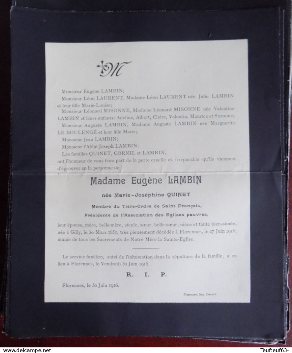 Faire Part Décès / Mme Lambin Née Marie-Joséphine Quinet à Gilly 1850 Et Décédée à Florennes En 1916 - Obituary Notices