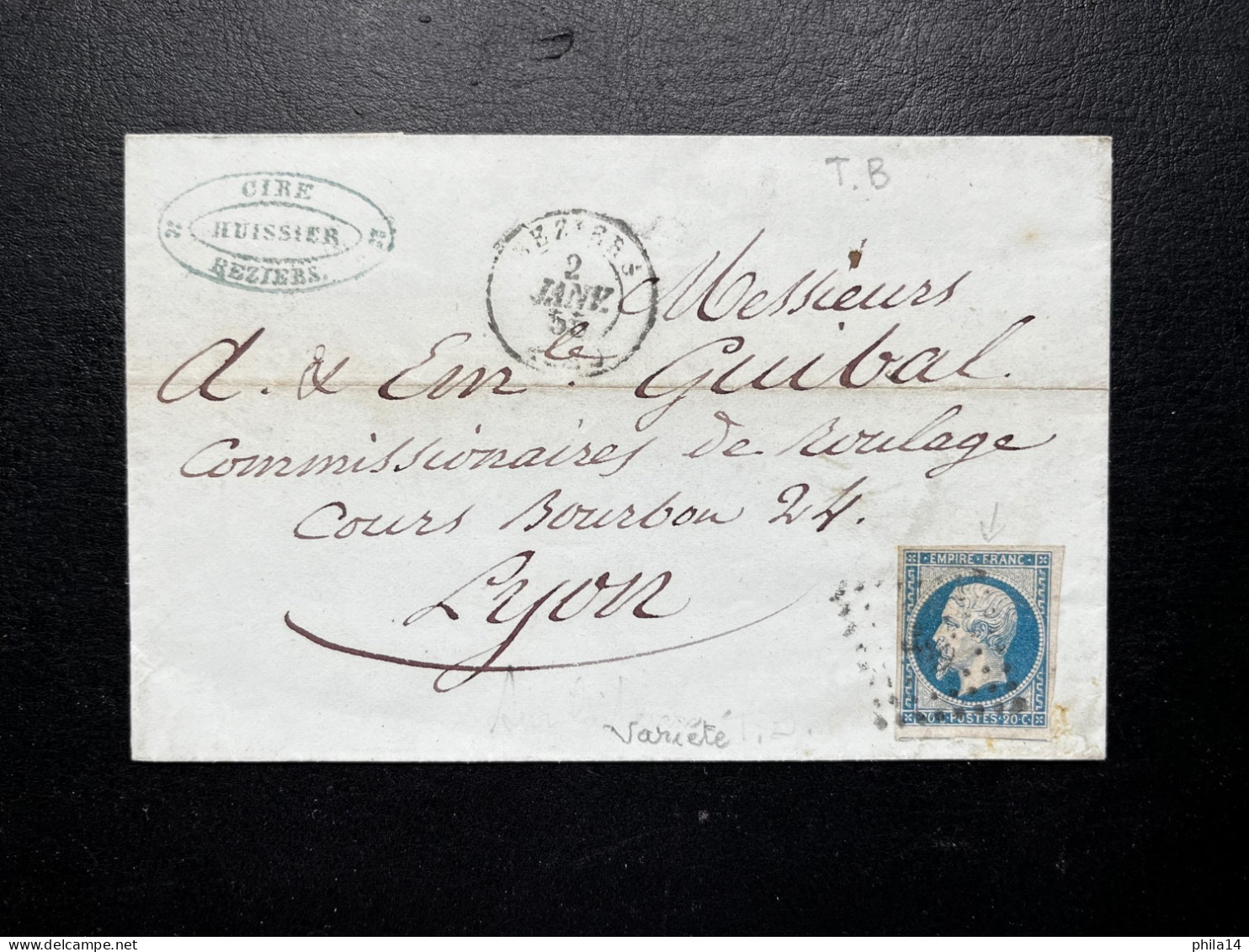 N°14 20c BLEU NAPOLEON SUR LETTRE / BEZIERS POUR LYON / 2 JANV 1855 / LSC - 1849-1876: Période Classique