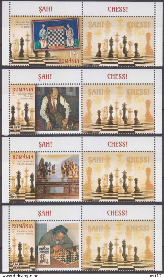 2023, Romania, Chess!, Art, Authors, Books, Paintings, 4 Stamps+Label, MNH(**), LPMP 2445 - Nuevos