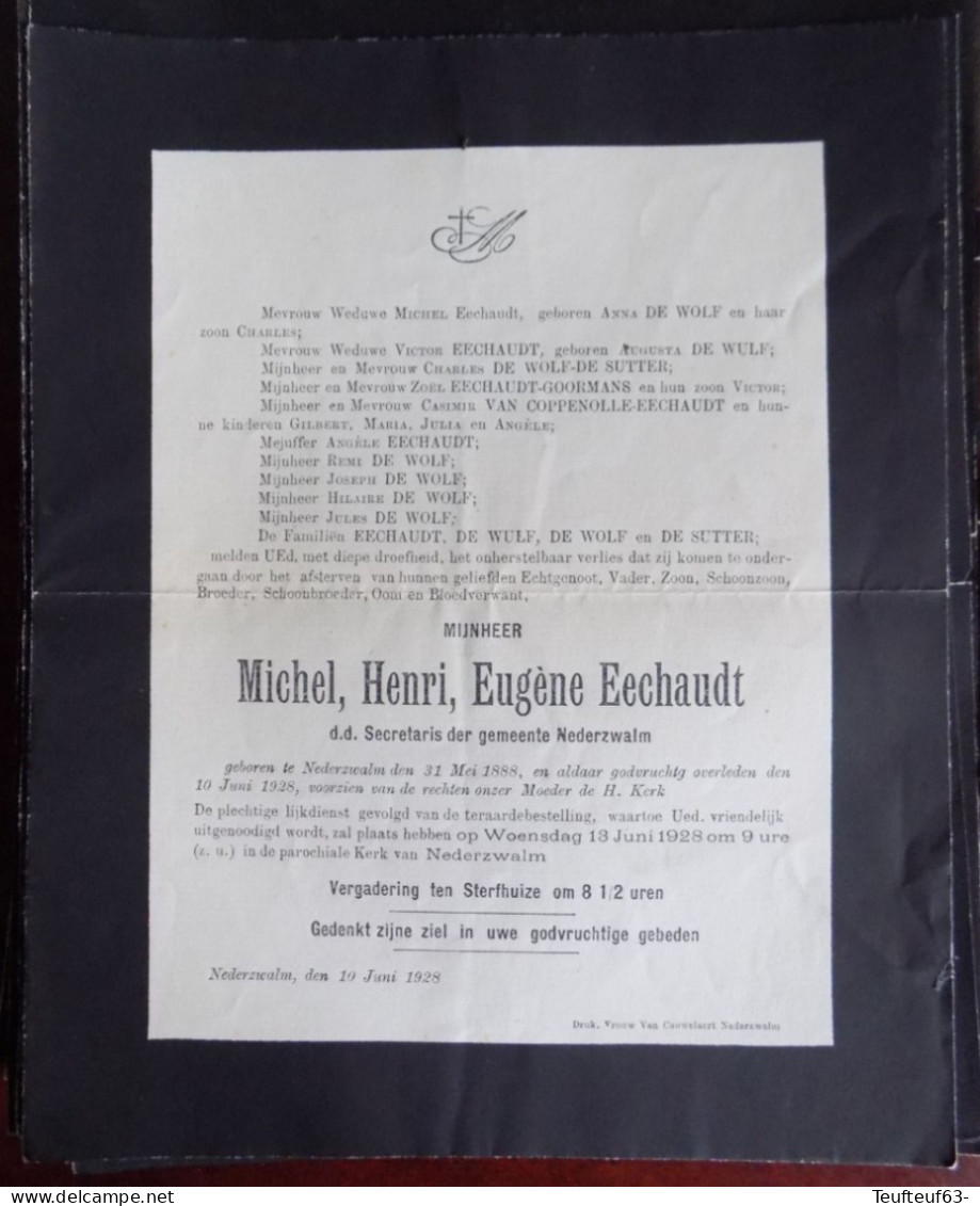 Faire Part Décès / Mijnheer Michel Eechaudt Geboren Te Nederzwalm 1888 En Aldaar Overleden Den 1928 - Obituary Notices