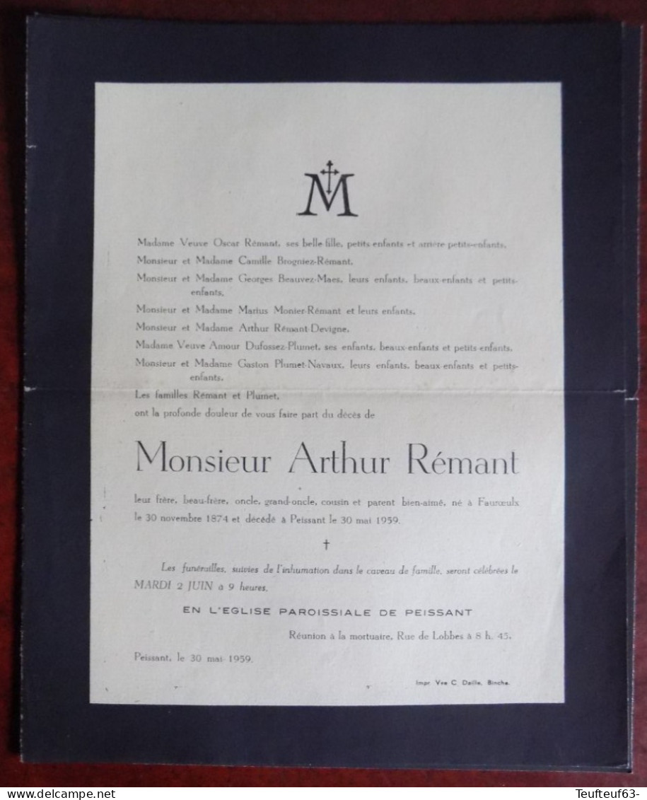 Faire Part Décès / Mr. Arthur Rémant Né à Fauroeulx 1874 Et Décédé à Peissant En 1959 - Obituary Notices