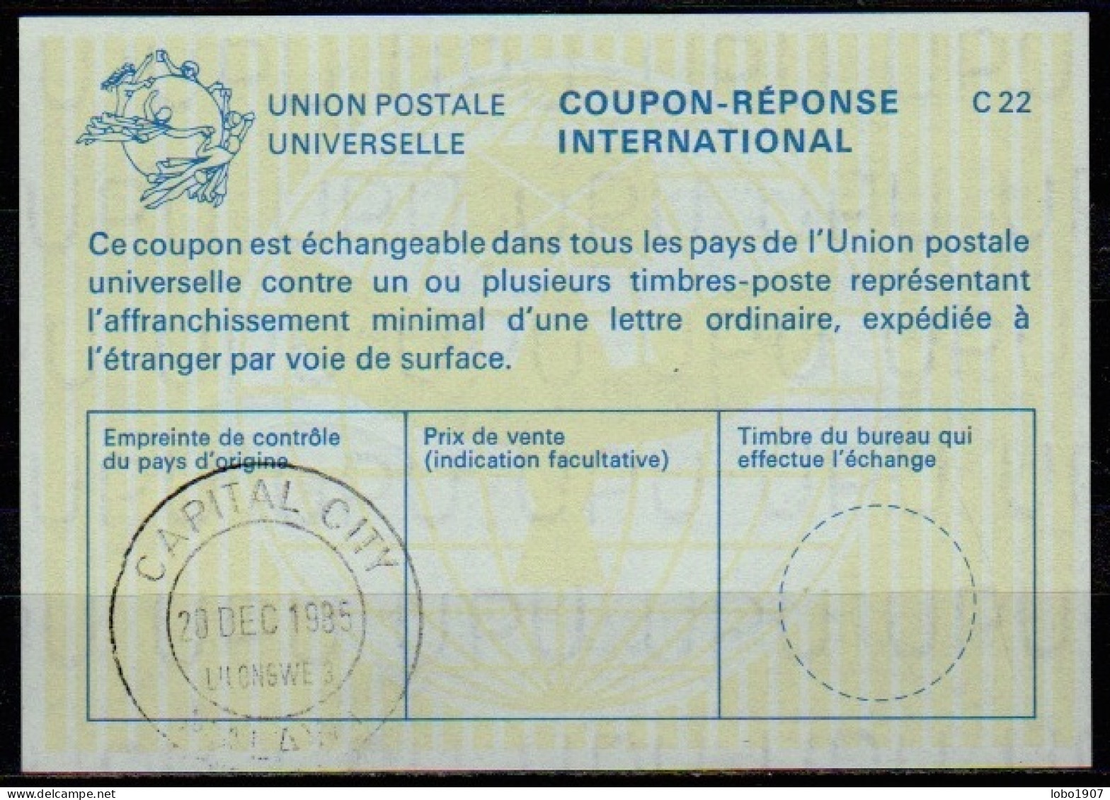 MALAWI  La24  International Reply Coupon Reponse Antwortschein Cupon Respuesta IRC IAS  CAPITAL CITY LILONGWE 20.12.85 - Malawi (1964-...)