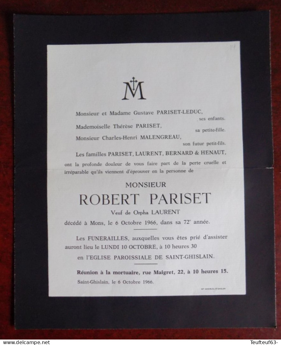 Faire Part Décès / Mr. Robert Pariset Décédé à Mons En 1966 - Overlijden