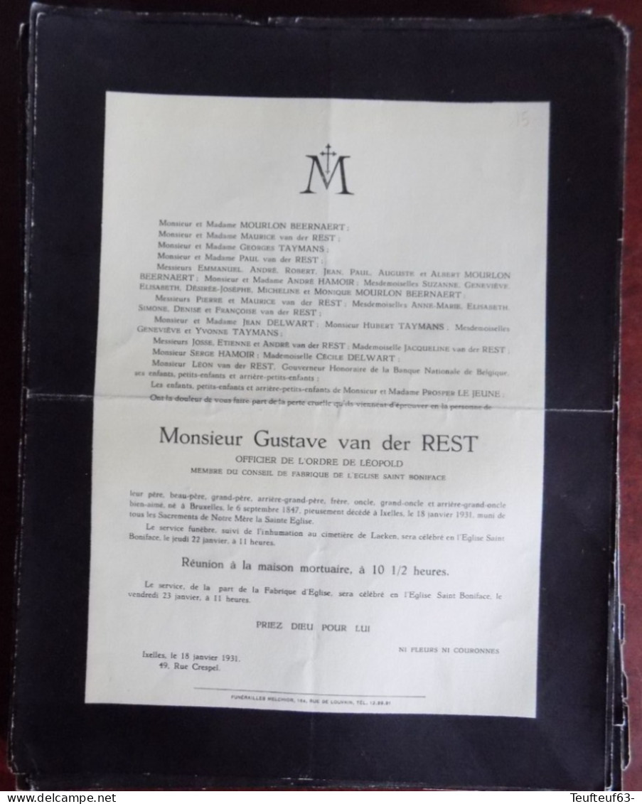 Faire Part Décès / Mr. Gustave Van Der Rest Né à Bruxelles En 1847 Et Décédé à Ixelles En 1931 - Overlijden