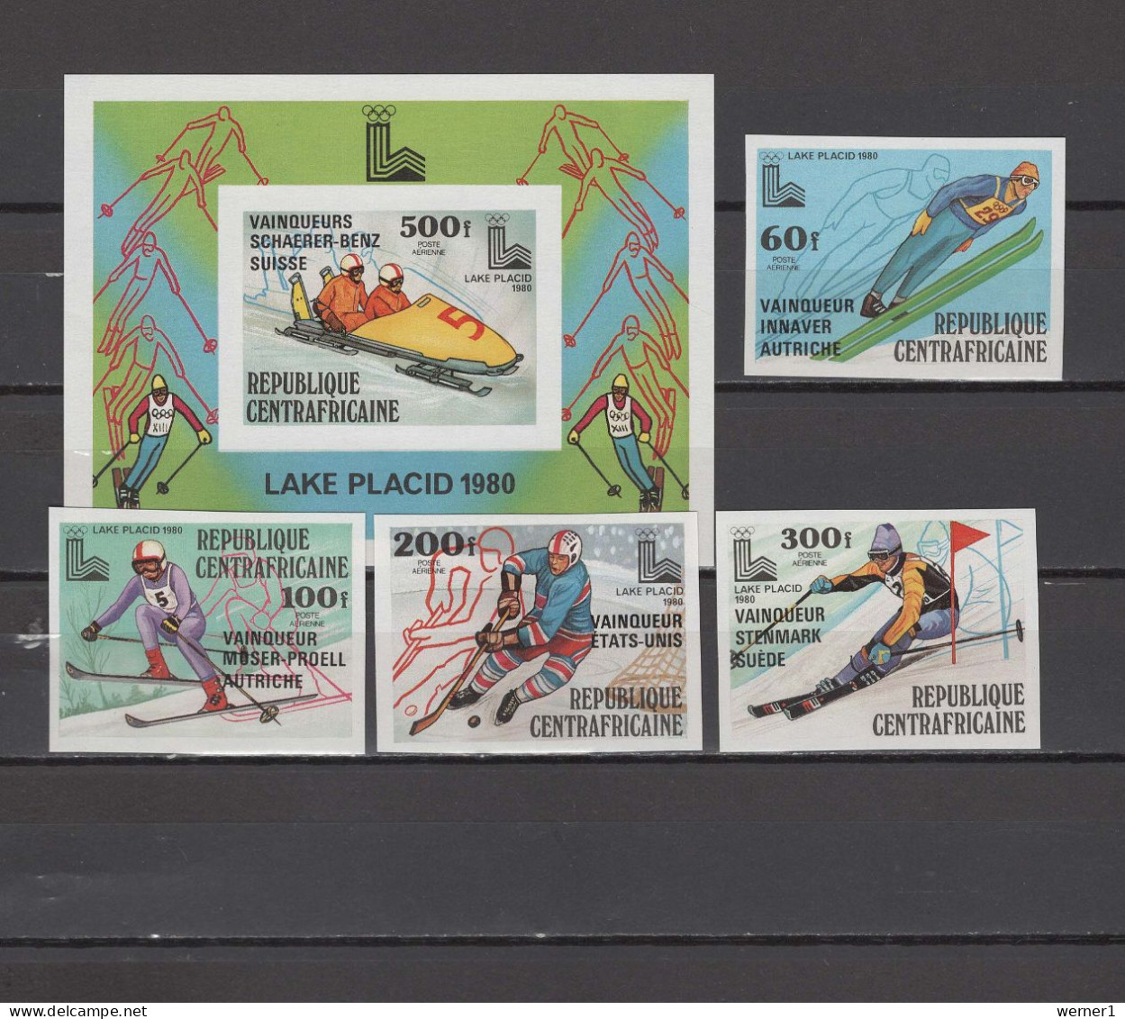 Central Africa 1980 Olympic Games Lake Placid Set Of 4 + S/s With Winners Overprint Imperf.  MNH -scarce- - Hiver 1980: Lake Placid