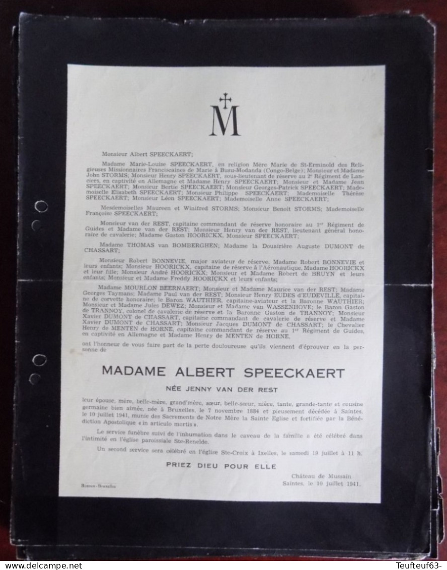 Faire Part Décès / Mme Speeckaert Née Jenny Van Der Rest à Bruxelles 1884 Et Décédée à Saintes En 1941 - Obituary Notices