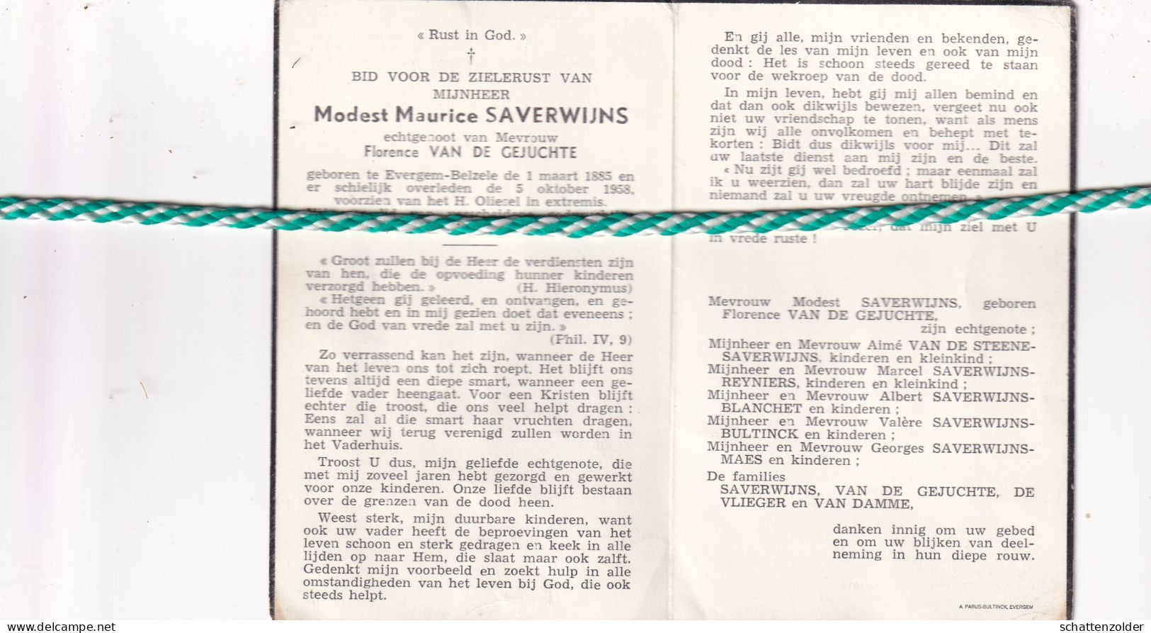 Modest Maurice Saverwijns-Van De Gejuchte, Evergem-Belzele 1885, 1958 - Todesanzeige