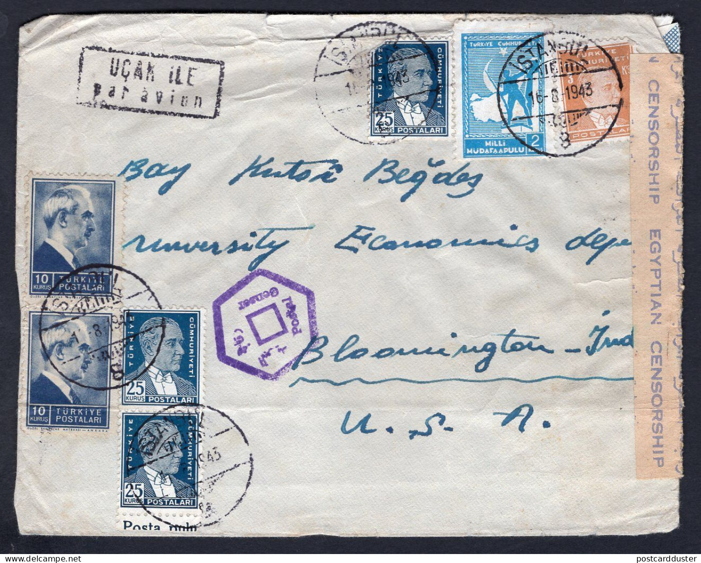 TURKEY 1943 Censored Airmail Cover To USA, Via Egypt (4163) - Lettres & Documents